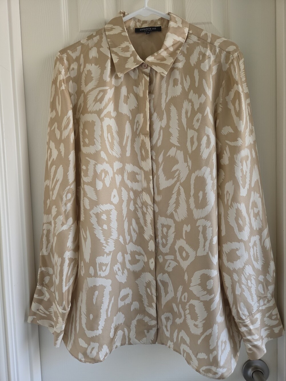 Lafayette 148 New York Silk Blouse Size L Tan Abstract Animal Print Shirt